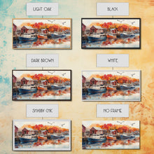 Carregar imagem no visualizador da galeria, Fishing boats in harbor with autumn trees, framed canvas print, fall coastal art, rustic nautical decor, perfect gift idea, autumn wall art