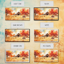 Load image into Gallery viewer, Cowboy on horse in autumn farm scene, framed canvas print, rustic fall decor, farmhouse home decor, cozy autumn landscape art, fall wall art
