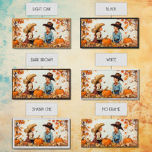 Load image into Gallery viewer, Cute Cowboy and Cowgirl In a Pumpkin Patch, Framed Canvas Print, 1950s Style Wall Art, Nursery Decor
