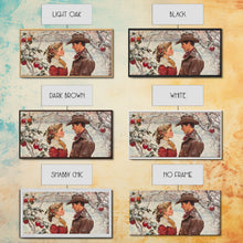 Load image into Gallery viewer, Cowboy and Cowgirl meet under the mistletoe, framed canvas print, cute winter wall art, Christmas home decor, seasonal rustic decor