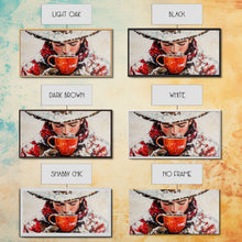 Load image into Gallery viewer, Cowboy in forest with burning fire, deep autumn hues, Framed Canvas Print, moody landscape, fall western art, rustic wall piece, wall decor