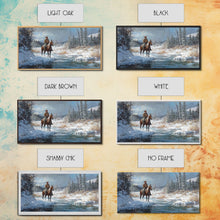 Load image into Gallery viewer, Cowboy riding horse through vibrant autumn forest, Framed Canvas Print, tall fall wall art, rustic western decor, moody landscape