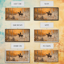 Load image into Gallery viewer, Cowboy riding horse through deep snow in a winter storm, Framed Canvas Print, dynamic winter wall art, rustic western home decor