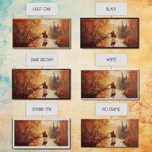 Load image into Gallery viewer, Black white cowboy riding toward snow-covered mountains, Framed Canvas Print, minimalist winter wall art, moody landscape, western decor