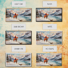 Load image into Gallery viewer, Cowboy on horseback near hay bale outside rustic barn, snow-covered landscape, Framed Canvas Print, winter wall art, rustic farmhouse decor