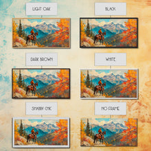 Carregar imagem no visualizador da galeria, Female cowboy in fall forest, Framed Canvas Print, tall striking artwork rustic or modern farmhouse seasonal wall art