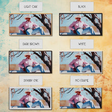 Carregar imagem no visualizador da galeria, Autumn-themed portrait Framed Canvas Print of a woman in a cowboy hat holding a cup of coffee, surrounded by fall leaves, cozy fall decor