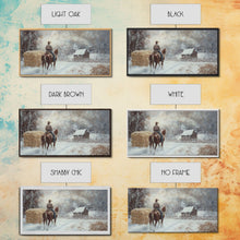 Carregar imagem no visualizador da galeria, Autumn-themed Framed Canvas Print of a cowgirl in a pumpkin patch surrounded by vibrant fall leaves, seasonal decor and cozy fall accents