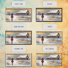 Load image into Gallery viewer, Barn Painting Framed Canvas Print, Cowgirl and her Barn, Rustic Farmhouse Decor, Winter Painting, Winter Wonderland, Farmhouse Wall Art