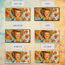 Load image into Gallery viewer, Cowgirl Having A Cup Of Joe, Framed Canvas Print, Farmhouse / Western Rustic Charm, Seasonal Art Piece to Warm Up Your Home Decor This Fall