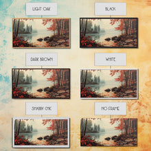 Cargar imagen en el visor de la galería, Fall On The River, Rustic Landscape Painting, Primitive Wall Art, Framed Canvas Print, retro festive holiday wall art Christmas decor