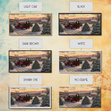 Cargar imagen en el visor de la galería, Christmas Tree Farm Framed Canvas Print, Red Truck Winter Scene, Farmhouse Christmas Decor, Christmas Vacation Decor, Holiday Art Gift