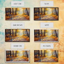 Load image into Gallery viewer, Autumn Path Bench Framed Canvas Print, Serene Fall Landscape Wall Art, Cozy Farmhouse Decor, Seasonal Wall Art Gift Idea