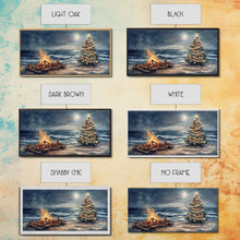 Load image into Gallery viewer, Cozy Bonfire On Beach With Christmas Tree Framed Canvas Print, Nighttime Winter Beach Holiday Wall Art And Coastal Decor