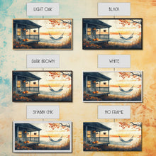 Load image into Gallery viewer, Cozy Autumn Porch with Pumpkins Framed Canvas Print, Warm Sunset Beach Scene Perfect Fall Seasonal Wall Art and Home Decor