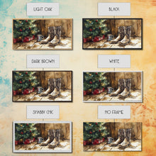 Load image into Gallery viewer, Christmas Cowboy Boots By Tree Framed Canvas Print Tall Art Rustic Western Christmas Decor Farmhouse Holiday Wall Art Cowboy Holiday Gift