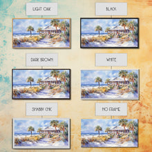 Load image into Gallery viewer, Snowy tropical Christmas decor scene, Framed Canvas Print beach house wreath and holiday lights, winter coastal home decor Christmas art
