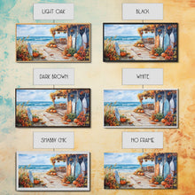 Carregar imagem no visualizador da galeria, Autumn surfboard porch decor scene, Framed Canvas Print with pumpkins and fall leaves on beach, autumn beach house wall art and decor piece