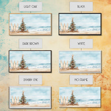 Load image into Gallery viewer, Beach Christmas scene with surfboards and decorated tree, tropical holiday art framed canvas print, perfect coastal seasonal decor