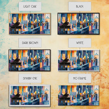 Load image into Gallery viewer, Abstract jazz party scene with grand piano, colorful stained glass aesthetic, framed canvas print ideal vibrant music wall art decor