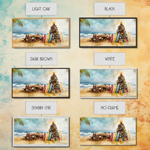 Cargar imagen en el visor de la galería, Christmas family picnic by the beach with surfboards and tree, framed canvas print tropical coastal holiday beach Christmas decor