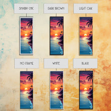 Cargar imagen en el visor de la galería, Coastal Sunset Palm Trees Midcentury Modern Art - Framed Canvas Print, Boho Art, Skinny Art, Living Room Art, Bedroom Decor, Tropical Landscape