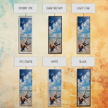 Carregar imagem no visualizador da galeria, Framed Canvas Print Tall Art Featuring a Piece of Driftwood on a Sandy Beach with Bright Blue Sky and Ocean Waves, Ideal Skinny Art for Coastal Homes