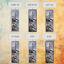 Carregar imagem no visualizador da galeria, Framed Canvas Print Skinny Art of a Majestic Lighthouse Standing Tall Against a Bright Blue Sky with Waves Crashing on Rocky Shores, Perfect Tall Art