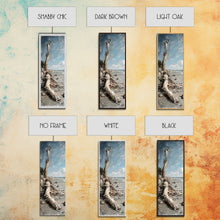 Carregar imagem no visualizador da galeria, Framed Canvas Print Skinny Art of a Weathered Driftwood Tree Trunk on a Sandy Shore with a Calm Ocean Backdrop, Ideal Tall Art for Coastal Decor