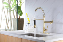 Carregar imagem no visualizador da galeria, Brushed Gold High Arc brass Kitchen Sink Faucet Pull Down Spray with lock ring and deck plate
