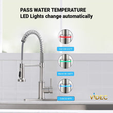Cargar imagen en el visor de la galería, VIDEC KW-66SN Smart Touch On Kitchen Faucet, 3 Modes Pull Down Sprayer, Smart Touch Sensor Activated, LED Temperature Control, Auto ON/Off, Ceramic Valve, 360-Degree Rotation, 1 or 3 Hole Deck Plate.
