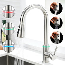 Cargar imagen en el visor de la galería, VIDEC KW-68SN Smart Kitchen Faucet, 3 Modes Pull Down Sprayer, Smart LED For Water Temperature Control, Ceramic Valve, 360-Degree Rotation, 1 or 3 Hole Deck Plate.