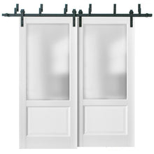Cargar imagen en el visor de la galería, Lucia 22 White Silk Double Barn Door with Frosted Glass | Black Bypass Rails