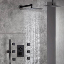 Cargar imagen en el visor de la galería, 12-Inch Or 16 inch Non-LED Oil Rubbed Bronze (ORB) Ceiling-Mounted 4-Way Thermostatic Valve with Wall-Mounted 12-Inch Rain Head, Body Jets, and Dual Functionality