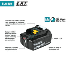 Carregar imagem no visualizador da galeria, Makita BL1840BDC2 18V LXT® Lithium‑Ion Battery and Rapid Optimum Charger Starter Pack (4.0Ah)