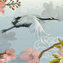 Carregar imagem no visualizador da galeria, Manchurian Crane Flying Over Cherry Blossoms Peel and Stick Wallpaper | Removable Wall Mural. #6205
