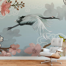 Carregar imagem no visualizador da galeria, Manchurian Crane Flying Over Cherry Blossoms Peel and Stick Wallpaper | Removable Wall Mural. #6205