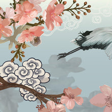 Carregar imagem no visualizador da galeria, Manchurian Crane Flying Over Cherry Blossoms Peel and Stick Wallpaper | Removable Wall Mural. #6205