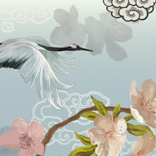 Carregar imagem no visualizador da galeria, Manchurian Crane Flying Over Cherry Blossoms Peel and Stick Wallpaper | Removable Wall Mural. #6205