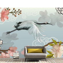 Carregar imagem no visualizador da galeria, Manchurian Crane Flying Over Cherry Blossoms Peel and Stick Wallpaper | Removable Wall Mural. #6205