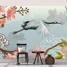 Carregar imagem no visualizador da galeria, Manchurian Crane Flying Over Cherry Blossoms Peel and Stick Wallpaper | Removable Wall Mural. #6205