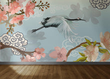 Carregar imagem no visualizador da galeria, Manchurian Crane Flying Over Cherry Blossoms Peel and Stick Wallpaper | Removable Wall Mural. #6205