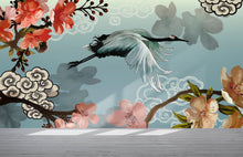 Carregar imagem no visualizador da galeria, Manchurian Crane Flying Over Cherry Blossoms Peel and Stick Wallpaper | Removable Wall Mural. #6205