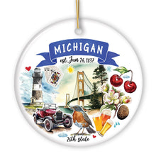 Load image into Gallery viewer, Artistic Michigan State Themes and Landmarks Christmas Ornament