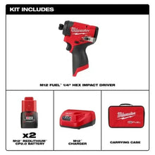 Carregar imagem no visualizador da galeria, Milwaukee 3453-22 M12 FUEL™ 1/4" Hex Impact Driver Kit with (2) 2.0Ah Lithium Ion Batteries, Charger & Tool Bag