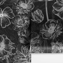 Load image into Gallery viewer, Black Floral Background, Black and White Flower Wallpaper Mural. #6677