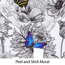Carregar imagem no visualizador da galeria, Butterflies in Flower Garden Wall Mural. Retro Black and White Illustration Floral Design. #6320