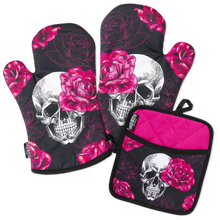 Load image into Gallery viewer, Pink Skull Rose Oven Mitts And Potholder Set