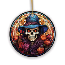Load image into Gallery viewer, Elegant Skull with Blue Hat Stained Glass Style Ceramic Ornament, Halloween Themed Christmas Gift and Decor