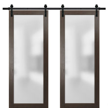Load image into Gallery viewer, Planum 2102 Chocolate Ash Double Barn Door with Frosted Glass | Black Rail